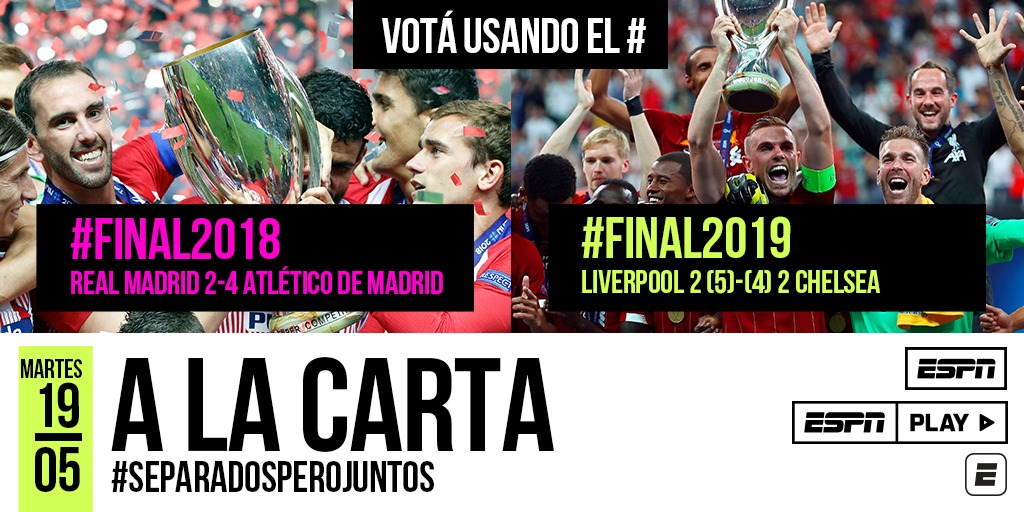 SC_ESPN's tweet photo. #ESPNALaCarta ¿Qué final querés ver por #ESPN? Este martes, a las 21hs (de Argentina), disfrutaremos juntos de la Supercopa de Europa. ¡Sólo tenés que votar!
#FINAL2018
#FINAL2019 https://t.co/YMpmKD0379