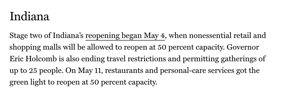Indiana, which had begun to trend downwards, allowed nonessential businesses and shopping malls to re-open on 5/4 and restaurants/personal care on 5/11 and is also seeing an uptick.