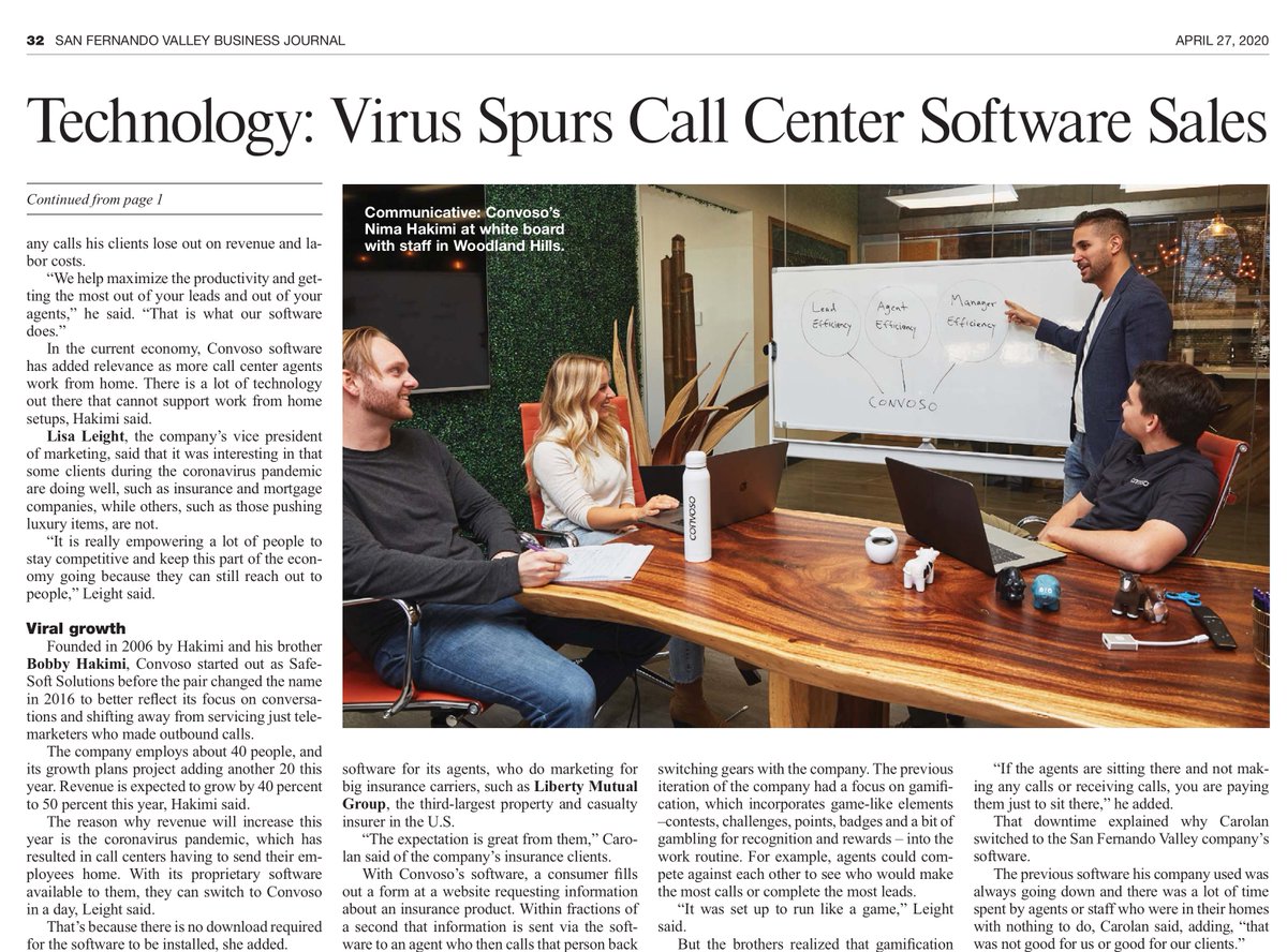 convoso's tweet image. We got ink! TECHNOLOGY: SOFTWARE FACILITATES TELEMARKETING IN QUARANTINE. convoso.com/news/call-cent… San Fernando Valley Business Journal's Mark Madler covers how #SaaSdeveloper Convoso is helping call centers with virtual operations during the coronavirus. #virtualdialer #WFH #SaaS