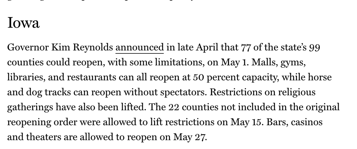 Iowa, which had started a pretty promising decline started reopening most counties in late April.Their numbers have stopped dropping and are starting to rise.