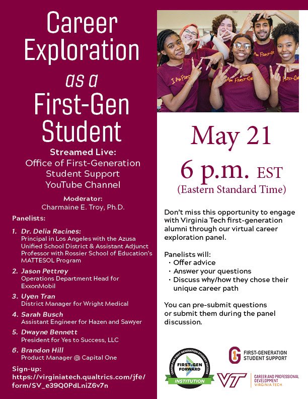 vt1stgen's tweet image. Join @vt1stgen &amp;amp; @vtcpd for our FirstGen VT Alumni Career Panel! We are excited to bring our first-generation students the opportunity to directly engage with VT first-generation alumni through our panel on the career exploration process after graduation. #firstgenalumni #careers