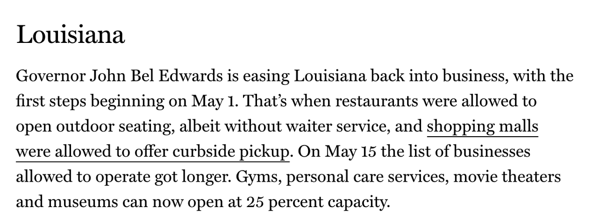 Lousiana started reopening 5/1 in relatively modest ways (outdoor restaurant seating only, shopping mall curbside pickup), with additional openings on 5/15.They'd been on a slow but consistent decrease in new cases, but they're already jumping back up again.
