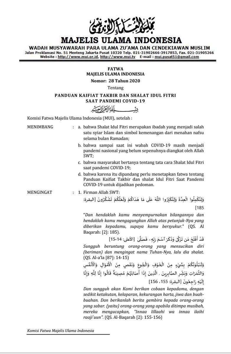dr_koko28's tweet photo. Fatwa MUI : Shalat Idul Fitri boleh dilaksanakan di rumah dengan berjamaah bersama anggota keluarga atau secara sendiri (munfarid), terutama yang berada di kawasan penyebaran Covid-19 yang belum terkendali. (1) https://t.co/drZeImikuO