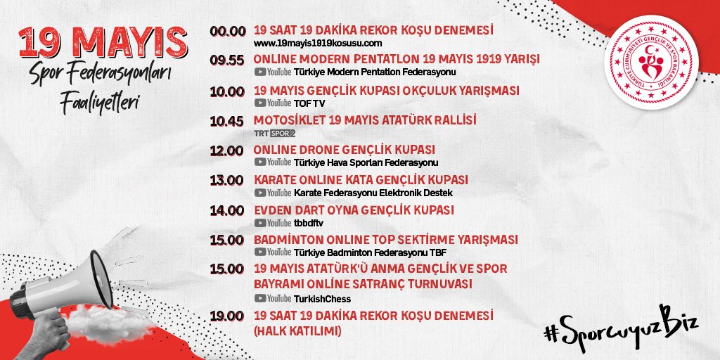 19 Mayıs coşkusunu Spor Federasyonlarımız ile paylaşıyoruz! 🇹🇷 #SporcuyuzBiz bu bayramın gençleri biziz! Yarın spor dolu bir gün olacak..