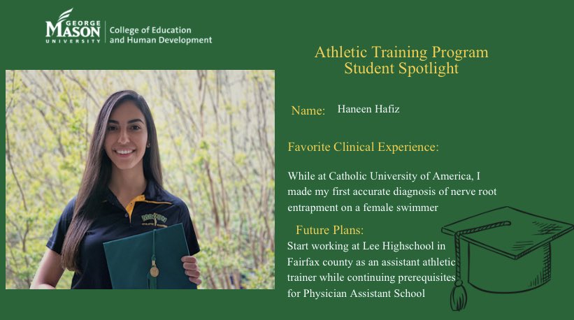 MasonMSAT's tweet photo. Congratulations to #MasonATEP Class of 2020 grad, Haneen Hafiz! #Classof2020 #athletictraining #MasonNation #ChooseMason https://t.co/mrkWStIsB8