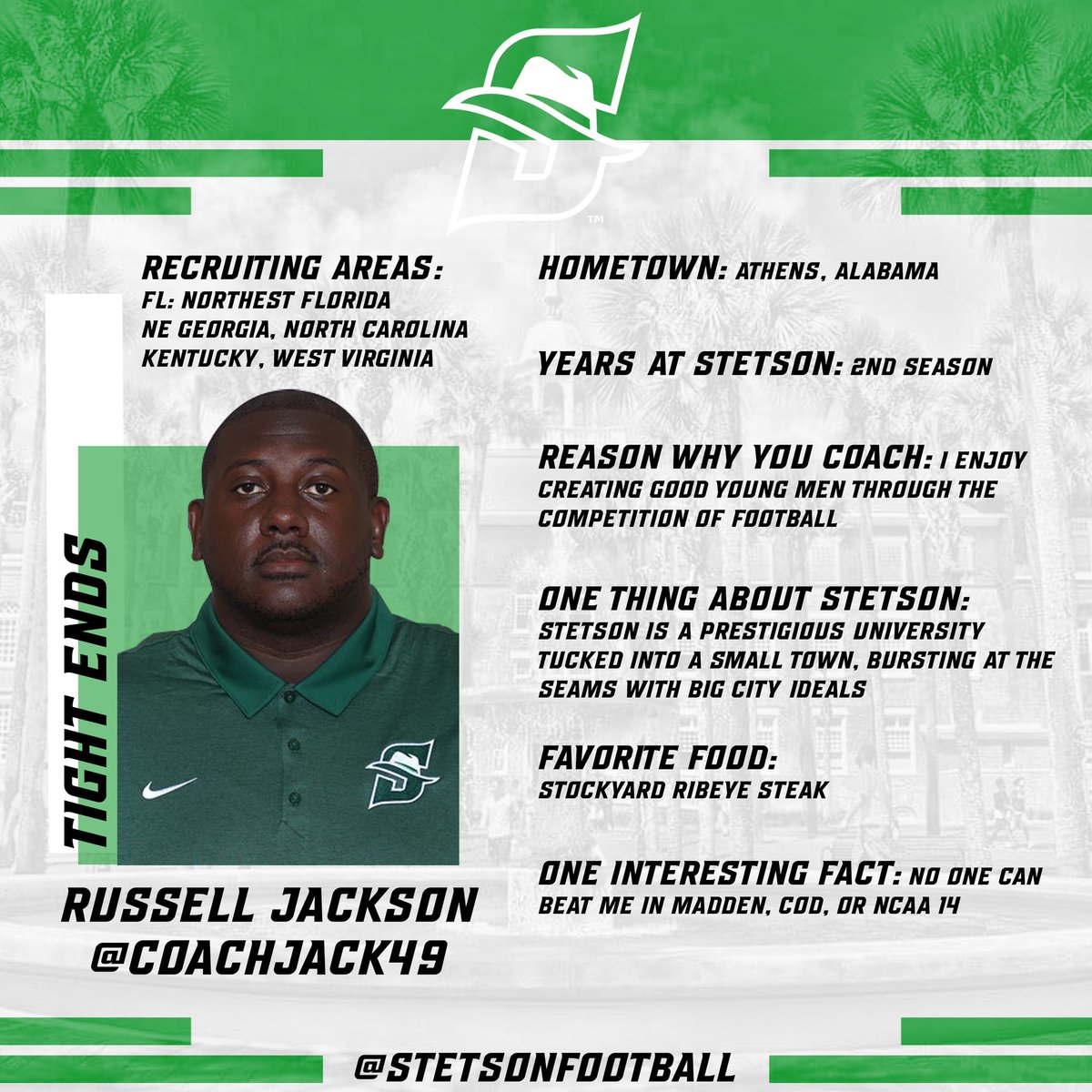 StetsonFootball's tweet photo. Not only is he a great coach, but Coach Jackson will also beat you on the sticks 🎮 Glad to have Coach Jackson as our new TE coach and Recruiting Coordinator. #GoHatters @CoachJack49 https://t.co/0KnYrjlEJ8