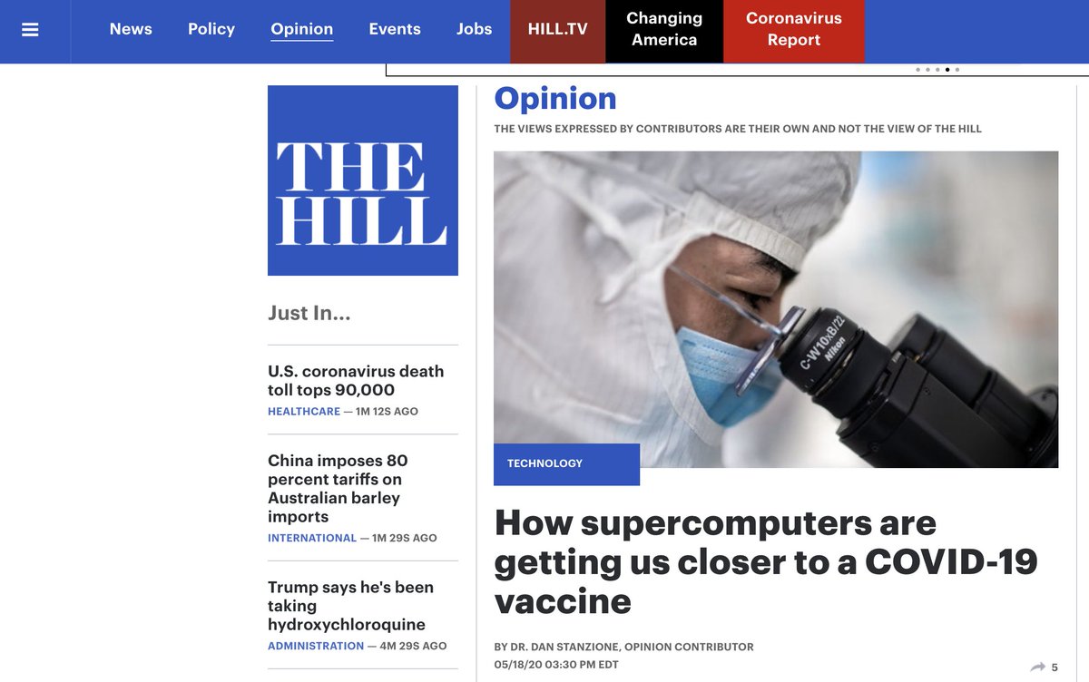 TACC's tweet image. &quot;How supercomputers are getting us closer to a COVID-19 vaccine&quot;:   An op-ed from TACC Executive Director Dan Stanzione today in @thehill. bit.ly/COVID19oped @UTAustin @NSF #HPCmatters