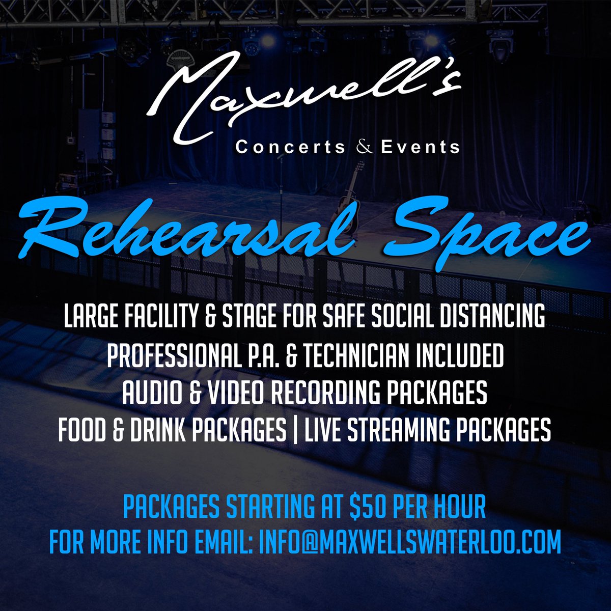maxwellsmusic's tweet image. Maxwell's is now offering rehearsal space in a clean &amp;amp; safe environment. Our facility will be disinfected between each use &amp;amp; musicians will be able to practice while social distancing in our 9,000 sqft facility. Please email info@maxwellswaterloo.com for bookings and pricing.