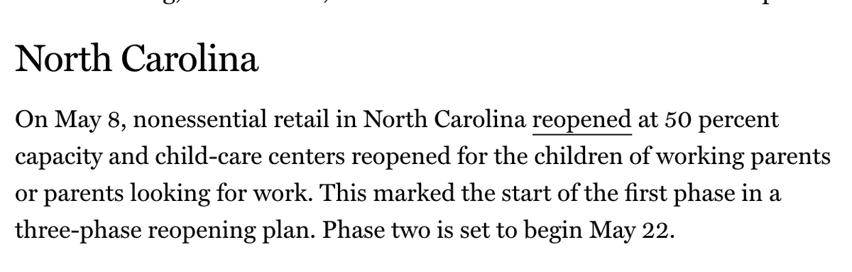 North Carolina's daily rates had never really stopped climbing, though a week ago it seemed to have passed its peak.They began reopening on 5/8, and that climb has begun to accelerate again, reaching higher numbers than ever.