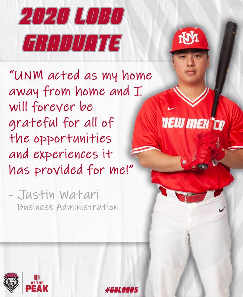 UNMLoboBaseball's tweet photo. We continue to make the best of the current situation at hand. While we can’t get on the field right now, we most certainly can honor the achievements of our graduates leading up to their virtual commencement this Saturday!

Hear from @Justin_Watari in his own words! ⤵️

#GoLobos https://t.co/9ZPYnqsmJl
