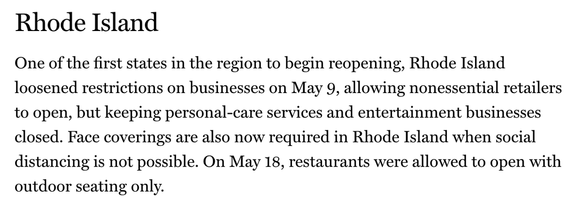 Rhode Island had been on pretty solid decline prior to re-opening.They began re-opening on 5/9; That decline has already petered out to a near-plateau.