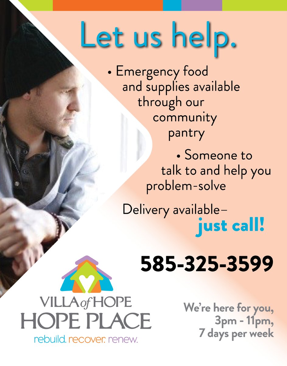 Let us help. Sometimes the best thing is to have someone to talk to. Villa of Hope’s HOPE PLACE is open 3pm-11pm, 7 days a week, and can provide emergency food and supplies. 

📞: 585-325-3599 

🖥️: villaofhope.org/Programs-Servi…