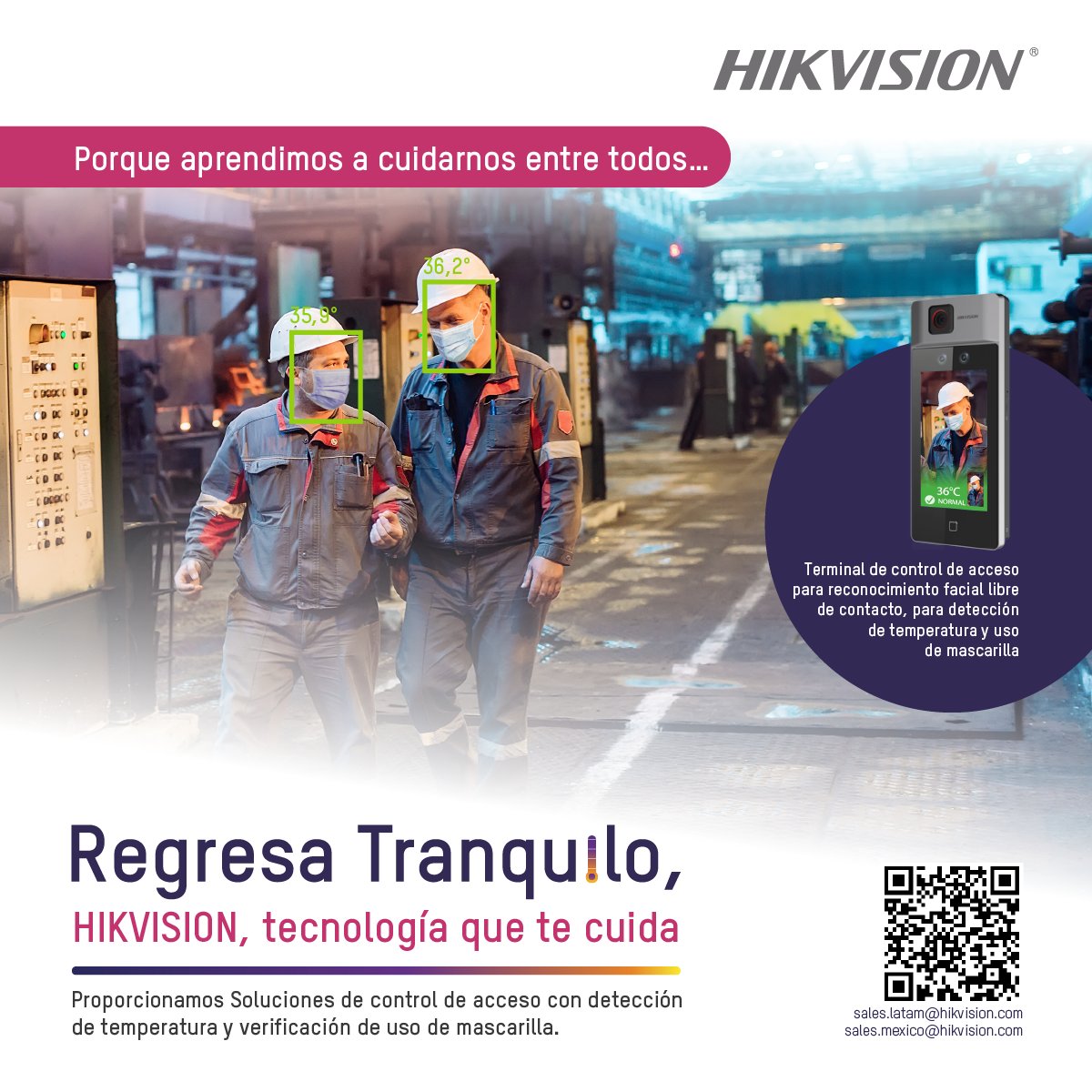 HikvisionLatam's tweet photo. El mundo ha cambiado y nosotros también 🙂 Hemos adaptado nuestra tecnología para que regresemos tranquilos a lo que será nuestra vida de ahora en adelante. #RegresaTranquilo #HikvisionLíderenTecnología ¿Quieres más información? Sigue el enlace: https://t.co/zIADoP5vDP https://t.co/InTbMpYciy