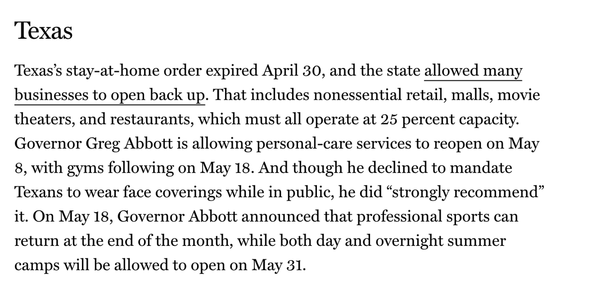 Texas peaked briefly a little over a month ago, plateaued, then started climbing again. They began opening most businesses at 25% capacity on 4/30, and personal care on 5/8. They're still climbing, and that climb is accelerating.