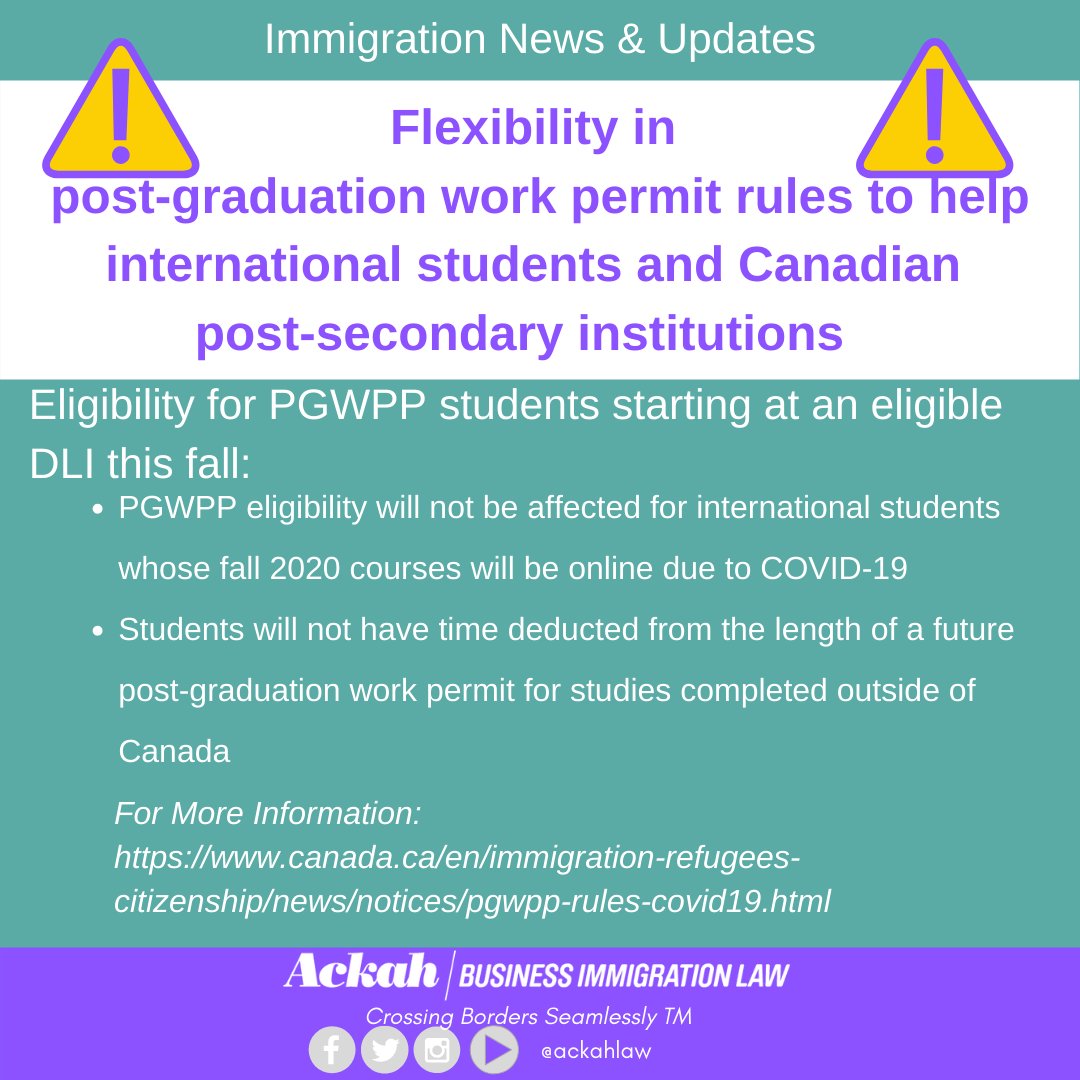 AckahLaw's tweet image. #PGWPP Update from IRCC: 
Flexibility in post-graduation work permit rules to help international students and Canadian post-secondary institutions:
For More Information: 
canada.ca/en/immigration…
#CanadaImmigrationLawyer #PivotAndThrive