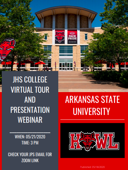 ChrisCross_SCC's tweet photo. Tune in this Thursday, May 21st, 2020 at 3 PM for a virtual college tour/presentation of Arkansas State University. Check your JPS email for a zoom link! #VirtalCollegeTour #CollegePrep #CareerCoachProgram #AState #RedWolf #CaneStudents https://t.co/Ait4iOHDTE