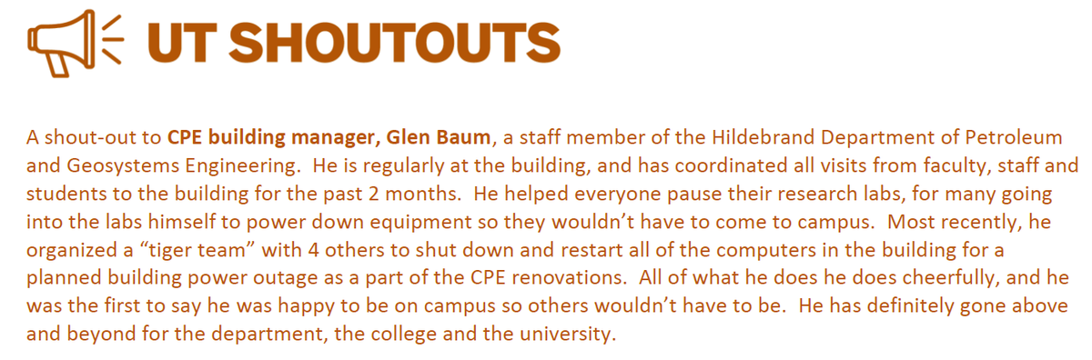 At <a href="/UTAustin/">UT Austin</a> we have frontline, essential staff that enable us to continue our mission of education and research. Recently Glen Baum, from my home department <a href="/UT_PGE/">UT PGE</a>,  was recognized in this university-wide shoutout! Glen and his team have made the remote transition seamless!