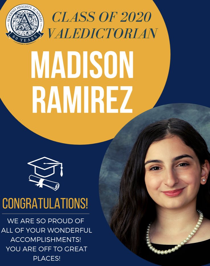 alverno_asu's tweet photo. Congratulations to the Class of 2020 Valedictorian, Madison Ramirez and the Class of 2020 Co-Salutatorians
are Natalee Guerra and Katherine Fong! https://t.co/0mSVcJ1Vbt