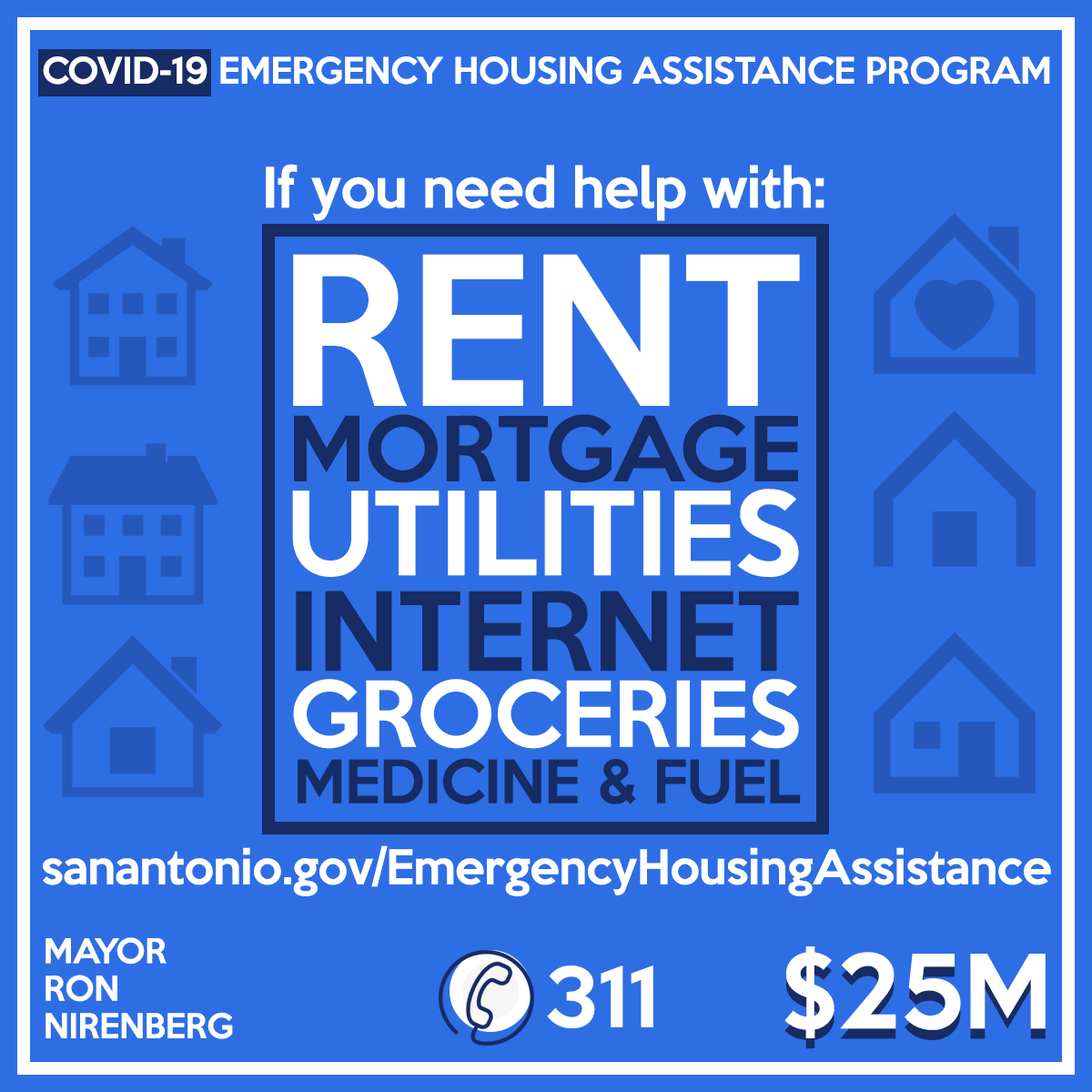 Council has approved the creation of a COVID-19 Emergency Housing Assistance Program, funded with $25 million from various sources.Residents seeking assistance should visit:  https://sanantonio.gov/EmergencyHousingAssistance or call 311Text HousingHelpSA to 41444 to donate to this fund.8/11