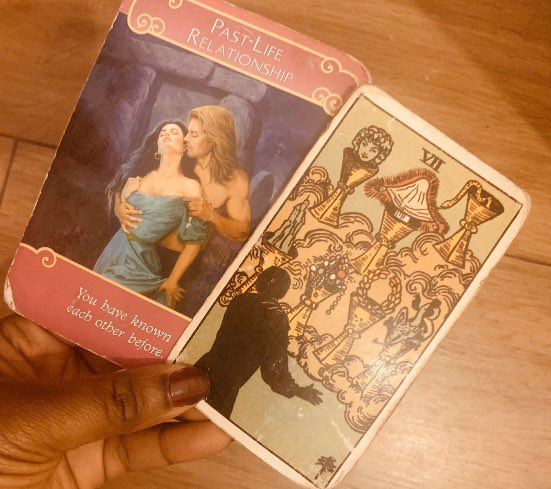 Romance reading of the day —The past life relationship card in combination with the 7 of cups, speaks of a relationship, specifically one that has run its course, keeping you from being able to move on & step into a new stage/way of being.