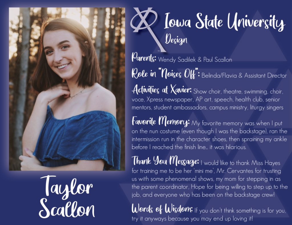 Theatre Senior Spotlights!🌟

We are recognizing the seniors who would have been part of our spring play, “Noises Off!”

Taylor Scallon: “Belinda/Flavia” &amp; Assistant Director

#WeAreXavier #ForeverASaint <a href="/XavierSaintsAD/">Xavier Activities</a> <a href="/XavierSaints/">Xavier High School</a> <a href="/taylor_scallon/">Taylor Scallon</a>