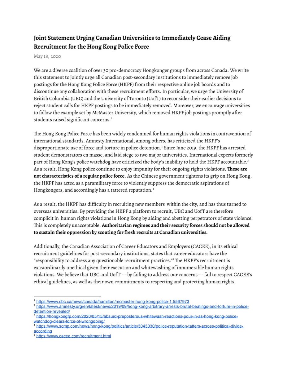 ubcehk's tweet photo. Joint statement from over 30 #HongKong pro-democracy groups located across Canada: We collectively urge @UBC, @UofT, and other Canadian universities to immediately cease aiding #HongKongPolice recruitment at our universities. 1/4
#StandWithHongKong #ShutDownHKPF https://t.co/4cUiGzc65g