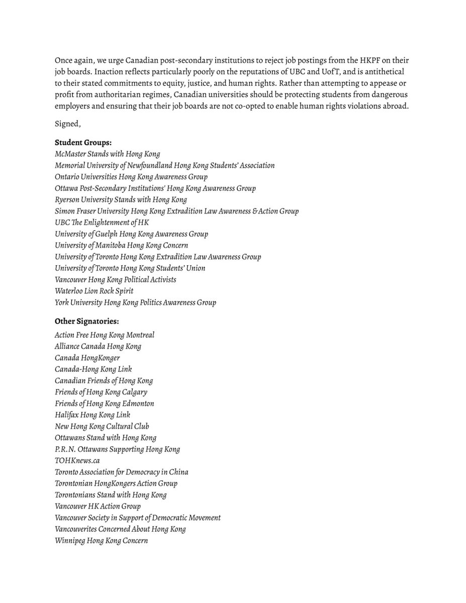 ubcehk's tweet photo. Joint statement from over 30 #HongKong pro-democracy groups located across Canada: We collectively urge @UBC, @UofT, and other Canadian universities to immediately cease aiding #HongKongPolice recruitment at our universities. 1/4
#StandWithHongKong #ShutDownHKPF https://t.co/4cUiGzc65g
