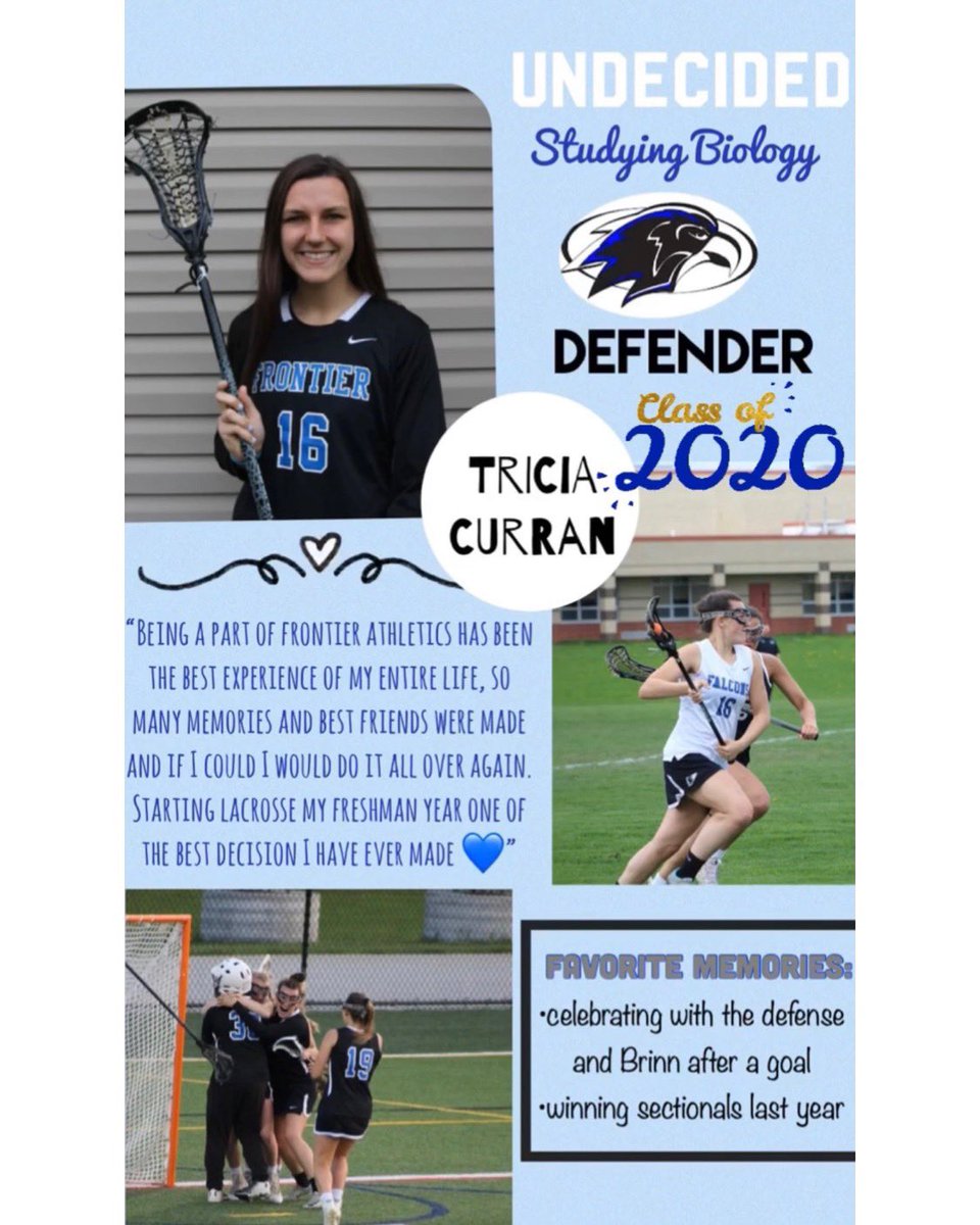 Next up is defender, Tricia Curran.

Tricia is a 3 year member of FVL. She is also a member of the soccer &amp; basketball programs. She is always smiling, laughing and running! Her hard work and positive attitude will be missed.

Congratulations Trisher! We love you  💙🖤🥍 #FVL