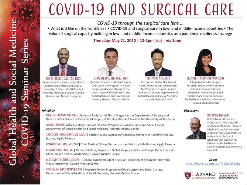 The PGSSC is excited to be a part of this event! Join us as we discuss the impact of the COVID-19 pandemic on surgical care! <a href="/abebesurg/">Abebe Bekele, MD</a> <a href="/JohnMeara/">John G Meara 🇲🇹🇦🇺🇺🇸</a> <a href="/keepark/">Kee Park</a> <a href="/lisatonimiranda/">Elizabeth Miranda</a> <a href="/nivalonso/">nivaldo alonso</a> <a href="/mnabeelashraf94/">M Nabeel Ashraf, MBBS MPH</a> <a href="/alexpeters/">Alex Peters MD MPH</a> <a href="/VatshalanS/">Vatshalan Santhirapala</a>