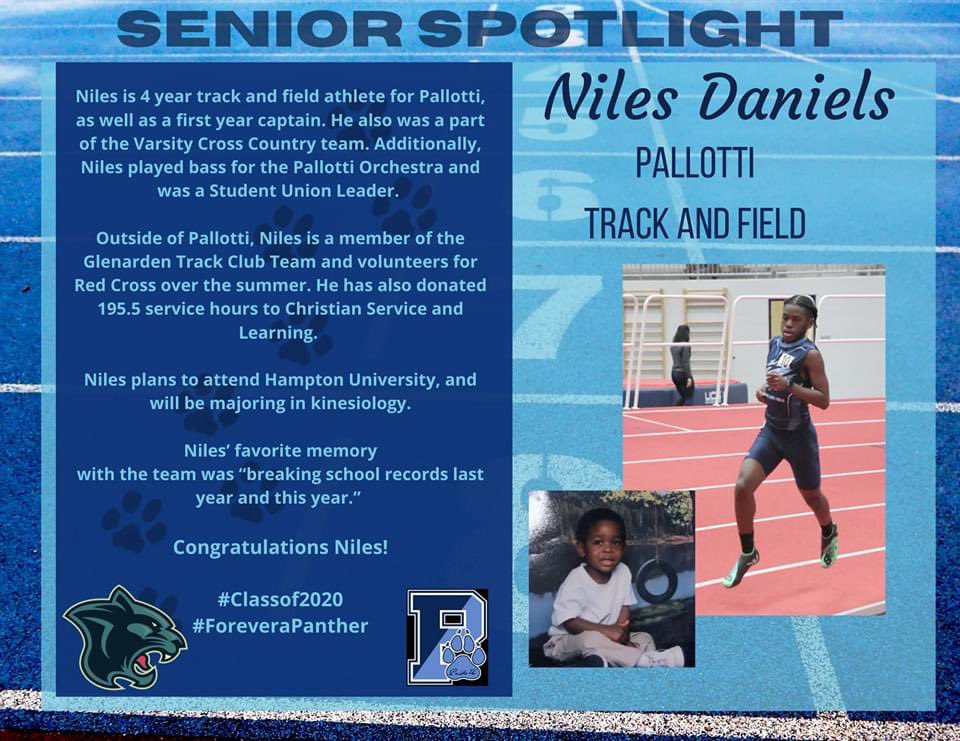 PallottiTrack's tweet photo. Congrats to Niles Daniels, a tremendous student-athlete.  Good luck with your future endeavors!!! @SVPHSAthletics @Pallotti_HS https://t.co/ftn9TwsdeQ