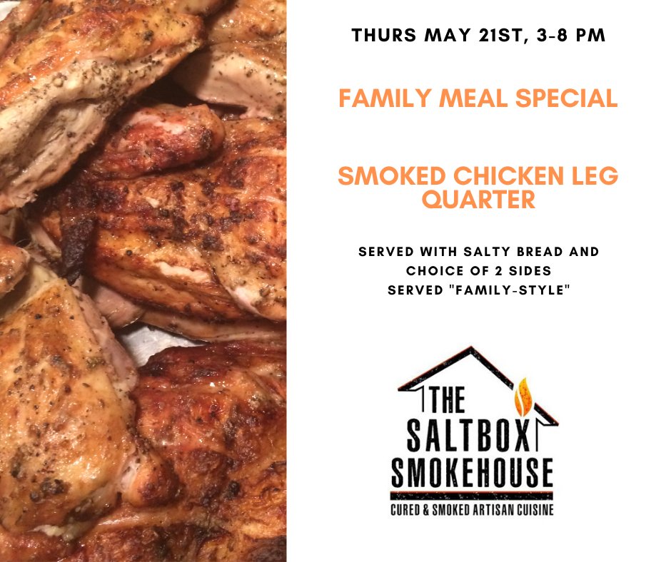 SaltboxS's tweet photo. Thurs. May 21 Smoked BBQ Chicken Leg Quarter (3-8 PM)  Curbside to go. Pre-order: 315-553-2663

Served with bread and choice of 2 sides: Cornbread, Smoked Beans &amp; Bacon, Coleslaw, Garlic &amp; Chive Salt Potatoes or Side Salad. Meals packaged "family style"

6152 Barclay Rd. Sodus https://t.co/1Hfe5DT9tb