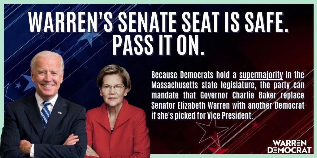 Seeing lots of misinformation regarding what happens to Warren’s Senate seat if she is selected for VP. The seat is SAFE! Here’s a thread why: : DEMOCRATIC SUPER-MAJORITY IN MASSACHUSETTS #WarrenForVP