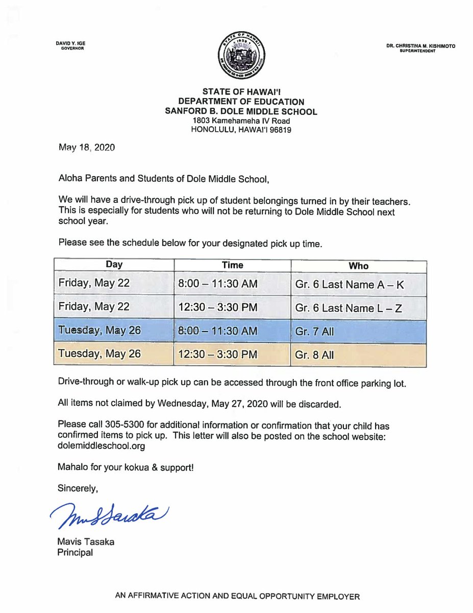Dole Middle School (@officialdolems) on Twitter photo Please see the attached <a href="/OfficialDoleMS/">Dole Middle School</a> student personal item pick up schedule <a href="/PACTHawaii/">PACTHawaii</a> <a href="/FernElementary/">Fern Elementary</a> <a href="/KalihiWaenaEl/">Kalihi Waena El.</a> <a href="/kapalamaes/">Kapalama Elementary</a> <a href="/fhsgovlove/">W.R. Farrington HS</a> <a href="/kalihiukaeagles/">kalihiukaeagles</a> <a href="/Kalihi_Rams/">Kalihi Elementary</a> <a href="/KaewaiElem/">Ka`ewai Elementary</a> Please see the attached <a href="/OfficialDoleMS/">Dole Middle School</a> student personal item pick up schedule <a href="/PACTHawaii/">PACTHawaii</a> <a href="/FernElementary/">Fern Elementary</a> <a href="/KalihiWaenaEl/">Kalihi Waena El.</a> <a href="/kapalamaes/">Kapalama Elementary</a> <a href="/fhsgovlove/">W.R. Farrington HS</a> <a href="/kalihiukaeagles/">kalihiukaeagles</a> <a href="/Kalihi_Rams/">Kalihi Elementary</a> <a href="/KaewaiElem/">Ka`ewai Elementary</a>