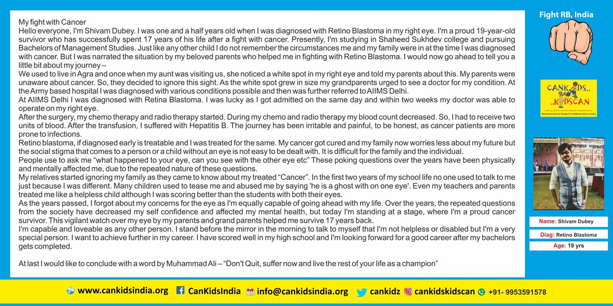 CanKidsOfficial's tweet photo. Courageous Shivam Dubey has suffered a lot but he didn't let that suffering overcome his dreams. Here is a journey of yet another #Retinoblastoma survivor's story. #RBAwarenessWeek #childrenwithcancer #eyecancer #COVID19India #Covid_19 https://t.co/J4JUY7IlnG