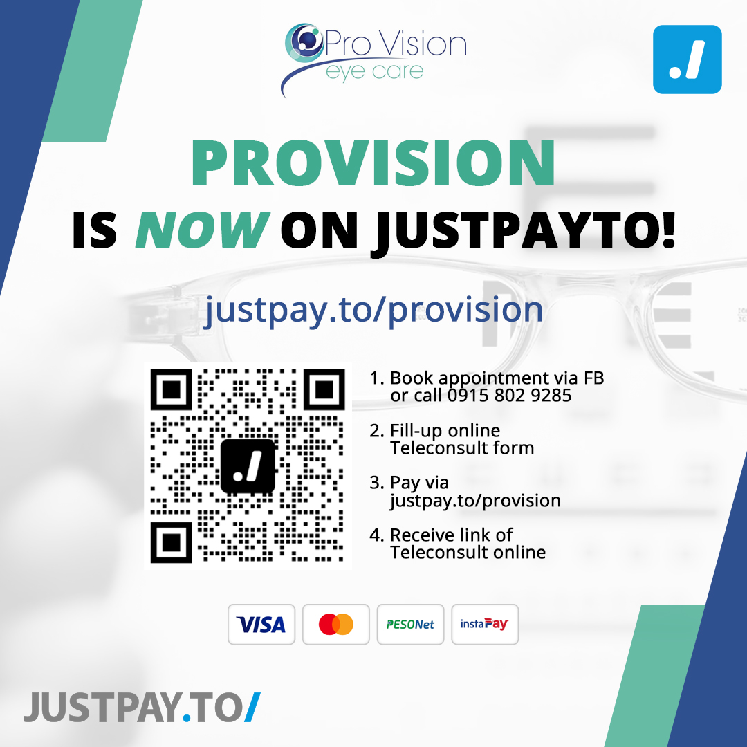 Looking for an eye doctor? Consult and Book an appointment online by using justpay.to/provision

#justpayto #jpt #provision #eyecare #eyedoctor #tuesday#creditcard #mastercard #visa #eyeconsultation #ophthalmologistonline #opthaonline #sendmoney #receivemoney #securepayment