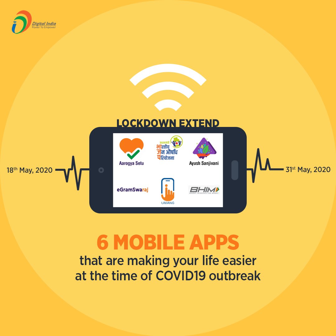 _DigitalIndia's tweet photo. As Lockdown 4.0 is now in place, these 6 #MustHave apps will make your life a little easier.

#IndiaFightsCorona #TogetherWeCan #HelpUsTohelpYou #DigitalIndia https://t.co/xtsmc4cUGq