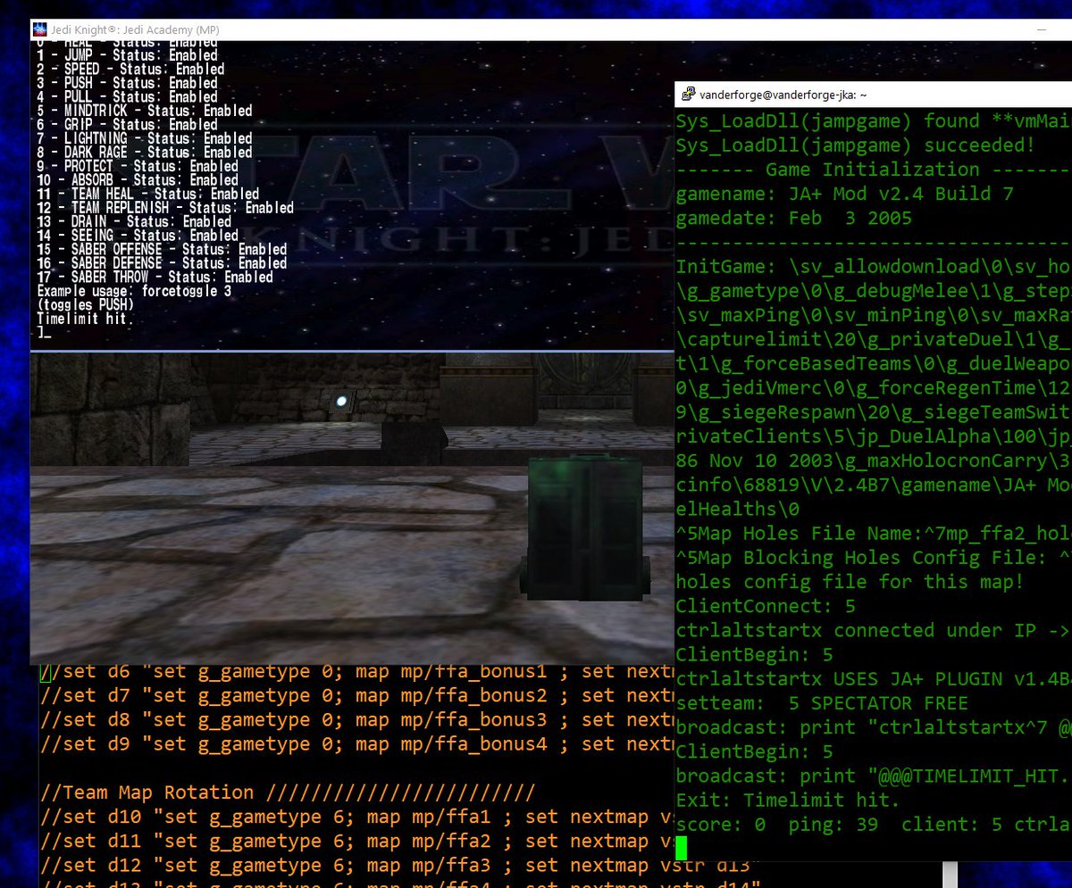 ctrlaltstartx's tweet photo. Almost done with the Jedi Knight Academy dedicated server for the legendary @VanderForge!! Such an honor to be working with him and bringing back some classic games. #ProjectNostalgia https://t.co/b5dNsXxz4e