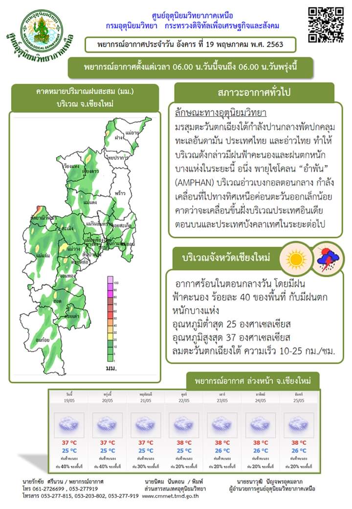 pui_em's tweet photo. 📣🌏 พยากรณ์อากาศประจำวัน อังคาร ที่ 19 พฤษภาคม 2563
📌สภาพอากาศบริเวณจังหวัดเชียงใหม่ อากาศร้อนในตอนกลางวัน โดยมีฝนฟ้าคะนอง ร้อยละ 40 ของพื้นที่ กับมีฝนตกหนักบางแห่ง 
🌡 อุณหภูมิต่ำสุด 25 องศาเซลเซียส
🌡 อุณหภูมิสูงสุด 37 องศาเซลเซียส https://t.co/qZAZds45vw