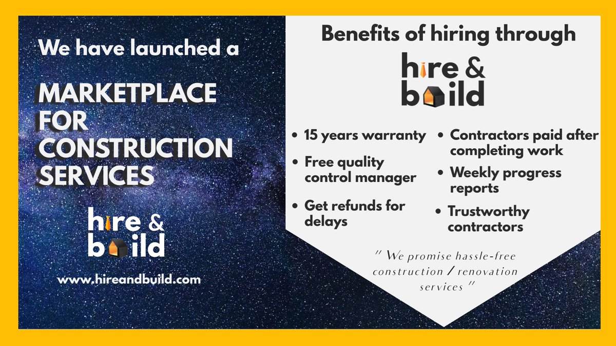 Have any construction requirements? Don't forget to check out hireandbuild.com (One stop destination for all your construction services)

#hireandbuild #constructionmarketplace #ecommerce