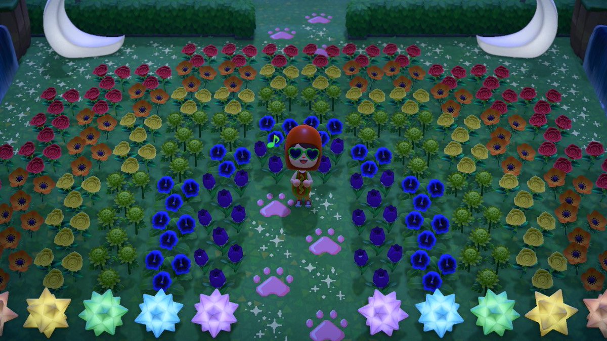 ackait's tweet photo. New entrance. 😅 Starry, moonlit rainbow and paw design? Sure. #ACNHDesigns #acnh #AnimalCrossingDesigns #AnimalCrossingNewHorizon https://t.co/BzjbFlUJMm