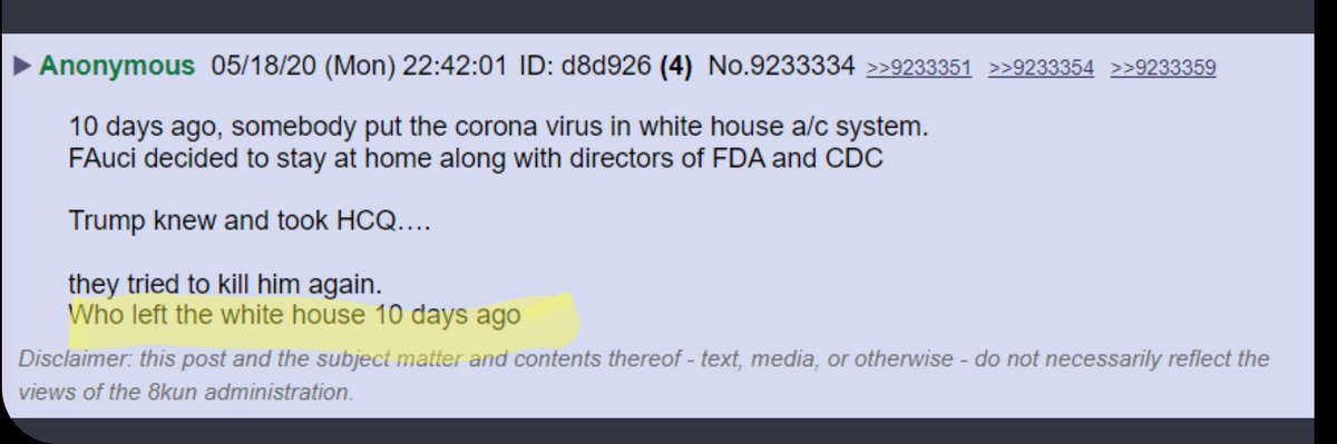 CovPepe19's tweet photo. #Qdrop: Who left the @WhiteHouse 10 days ago?
PENCE!
WHOA! That's HEAVY!
Where is Pence???
#WWG1WGA
#CDC #PenceGate?
@realDonaldTrump @TrumpWarRoom @POTUS @kayleighmcenany https://t.co/KjCbCCwUxn