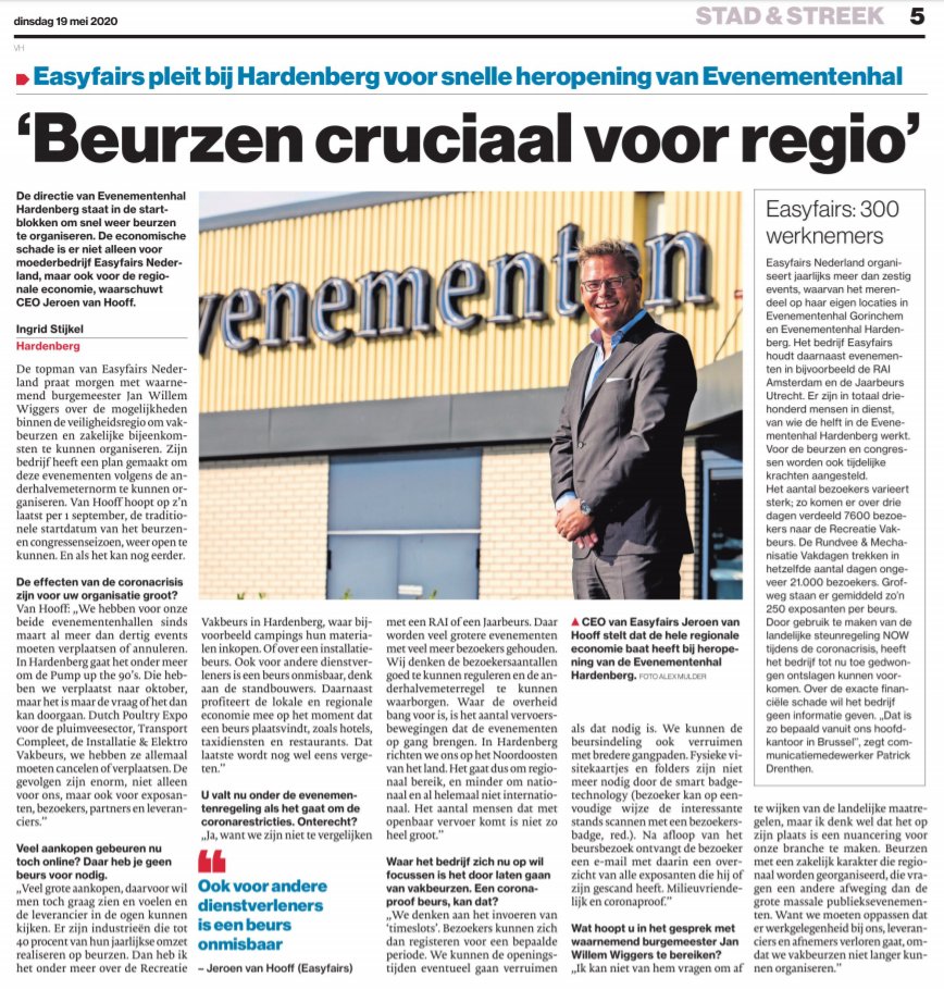 Vandaag is er een uitgebreid interview te lezen in <a href="/ds_Vechtdal/">deStentor_Vechtdal</a> met onze CEO <a href="/jeroenvanhooff/">Jeroen van Hooff</a> over de economische impact van zakelijke bijeenkomsten, waaronder (regionale) vakbeurzen. 

Het artikel is ook online te lezen: bit.ly/3bIvofs

#Wewillmeetagain #Easyfairs