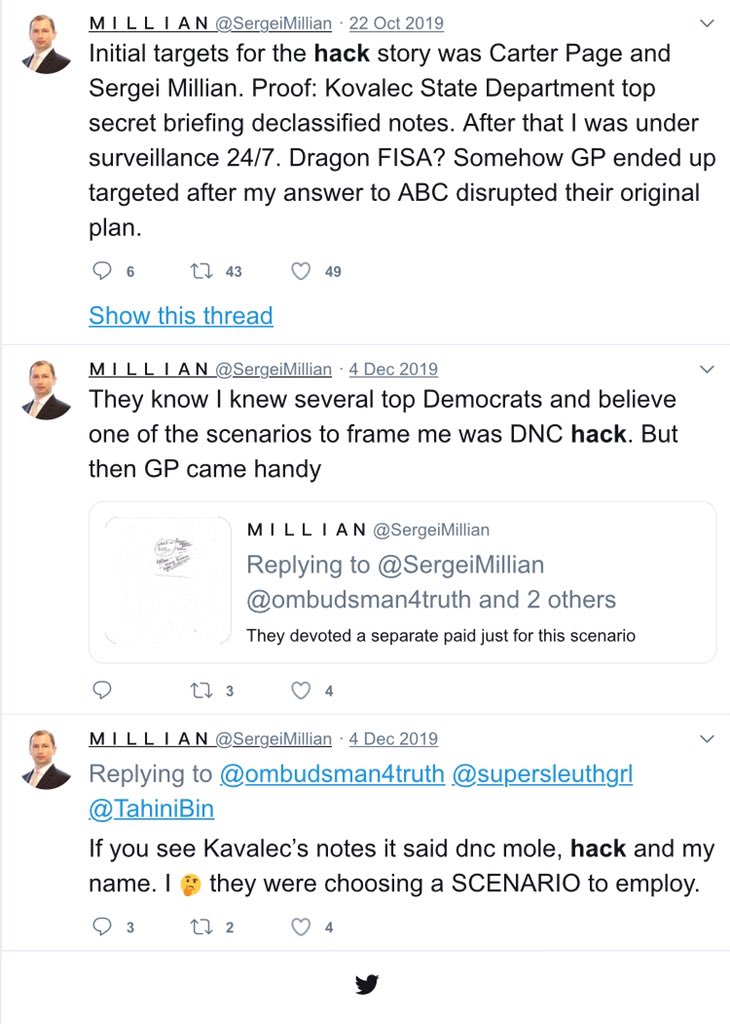 "Mikhailov passed info to the U.S. that led to a report alleging Russia hacked the DNC". . ."Initial targets for the hack story was Page and Millian""One of the scenarios to frame me was DNC hack""Kavaleck's notes said dnc mole, hack, and my name" http://www.mcclatchydc.com/news/nation-world/national/national-security/article138715828.html