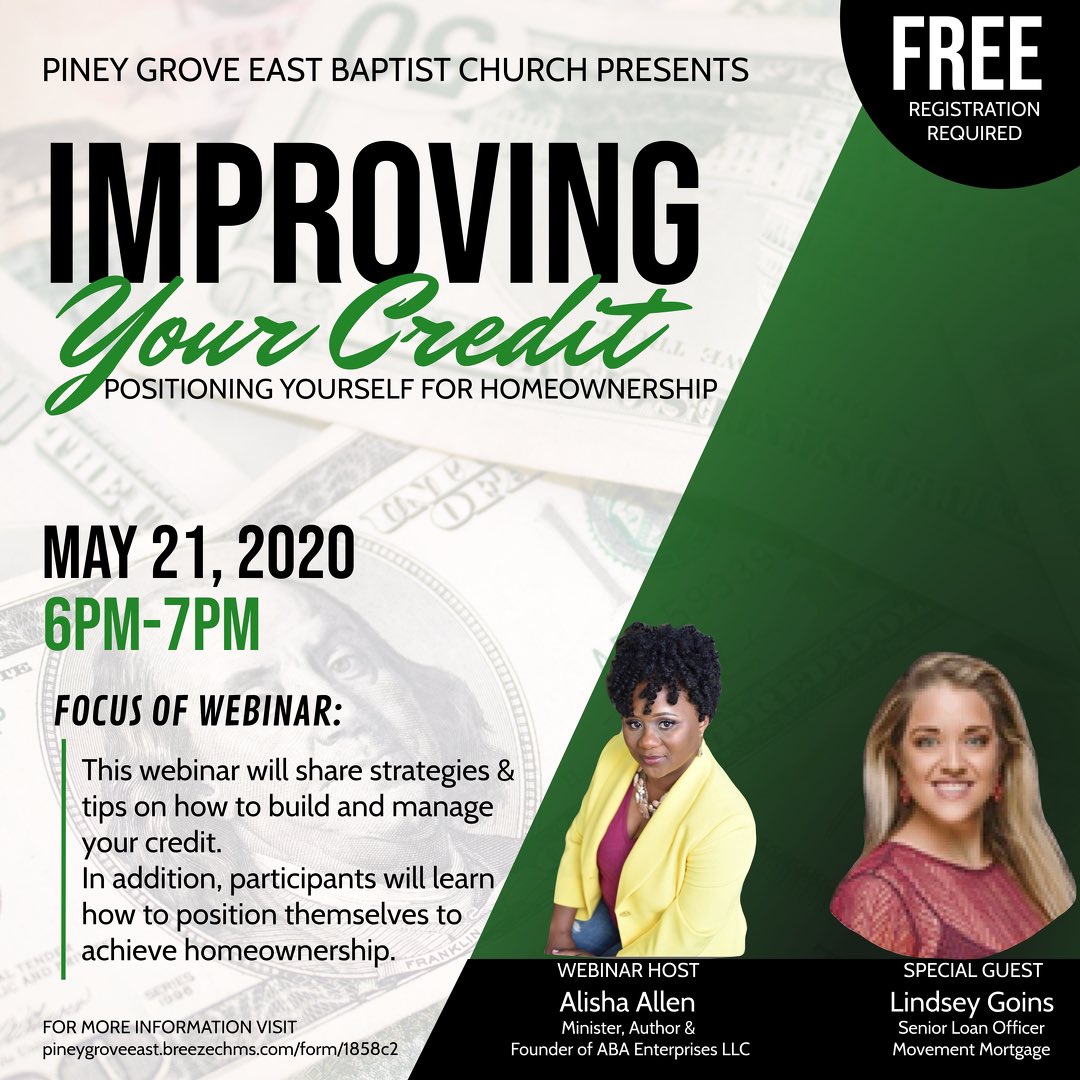 Pineygroveeast's tweet image. Financial literacy is critical, especially in times like these. Please join this Free Webinar discussing credit repair and homeownership. Please click the link to register. pineygroveeast.breezechms.com/form/1858c2