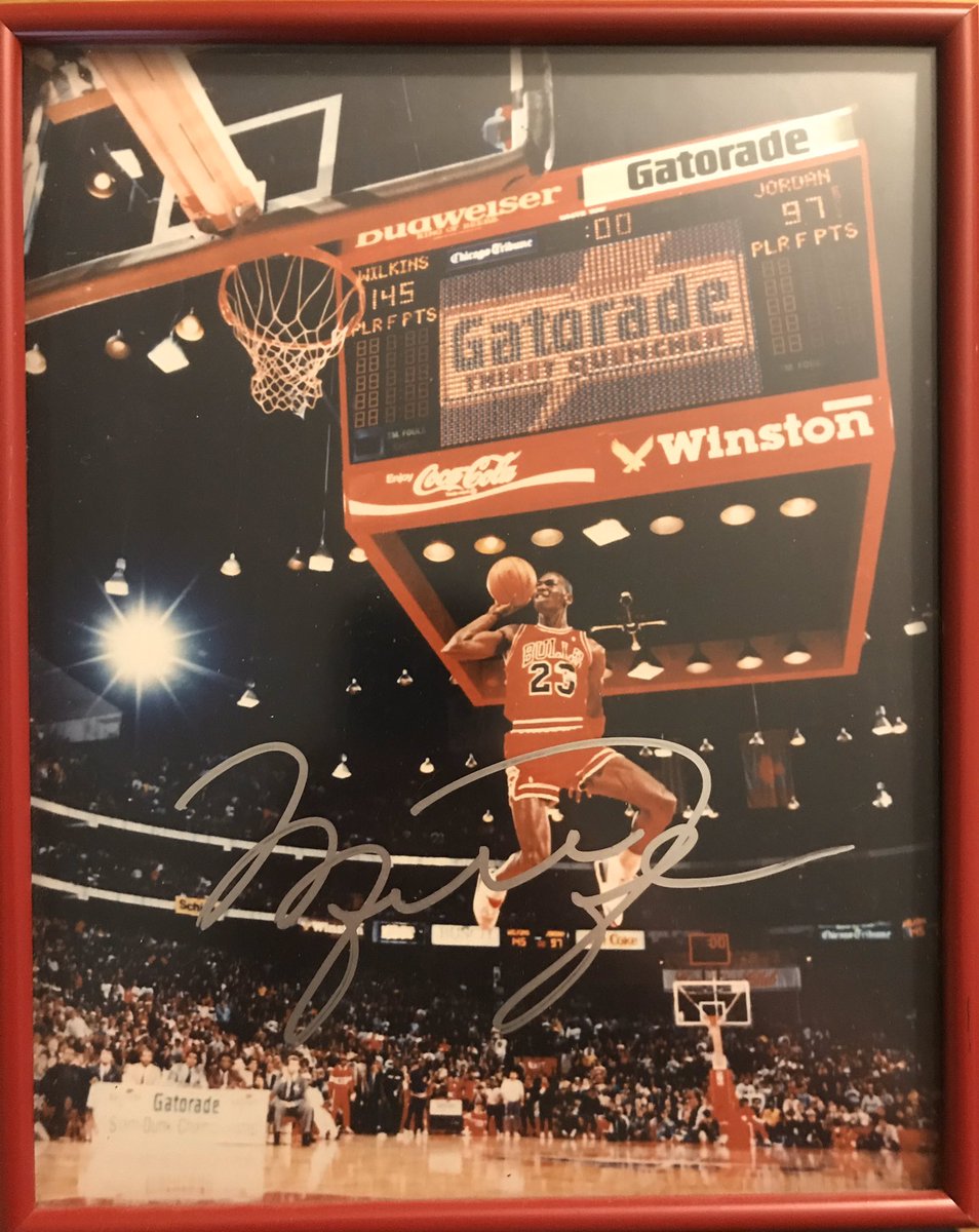 JamesMuellerIT's tweet photo. Seeing tons of talk on The Last Dance. Haven’t seen it yet... hope it’s released in a physical media of some sort.

Here’s a photo of my favorite Jordan piece: The dunk from the Free Throw line to beat Wilkins, including the pre-dunk scoring - and certified autograph. https://t.co/ALQekpLT74