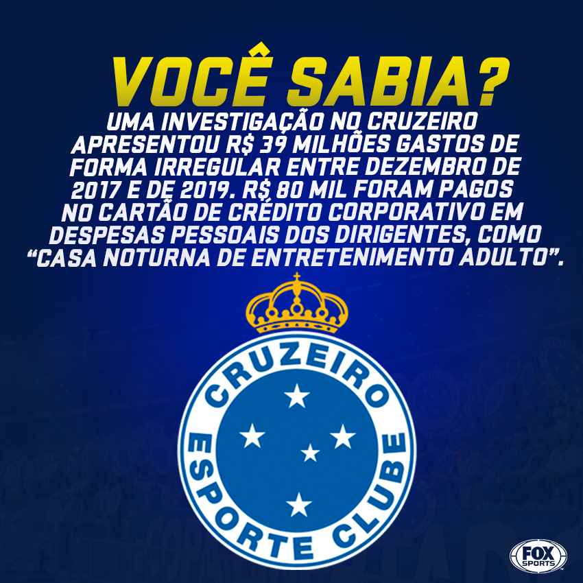 SportsCenterBR's tweet photo. Você não está lendo errado: R$ 80 mil foram usados por dirigentes do Cruzeiro em despesas pessoais, como até casas de entretenimento adulto, entre 2017 e 2019. A investigação é da empresa Kroll. https://t.co/g3EUSYmxat