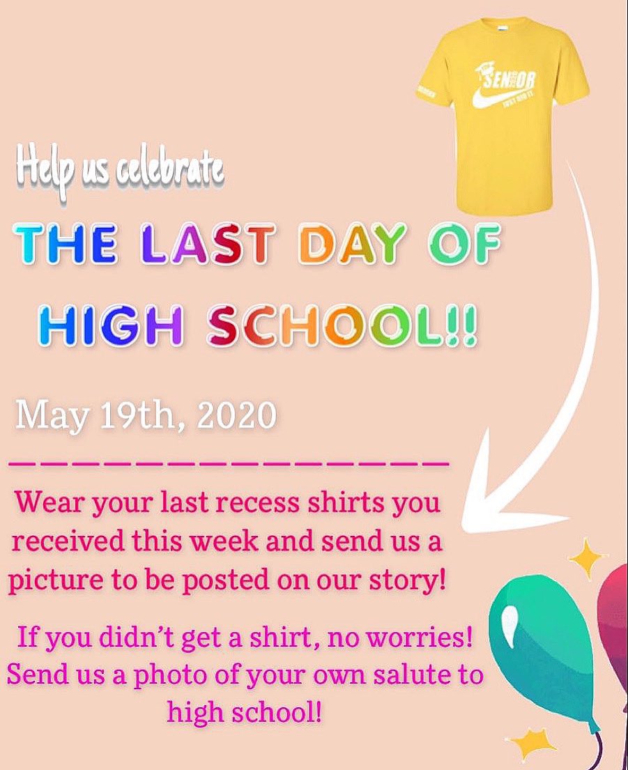 FZWclass_of2020's tweet photo. We’ve made it seniors! 
DM us a pic on here or instagram of you wearing your last recess shirt you received when you returned your items to school today (or tomorrow for some) 
*only activity pass holders got a shirt*
  
We’re so proud of you all!!💜🖤🤍 https://t.co/qMFvLAWLOE