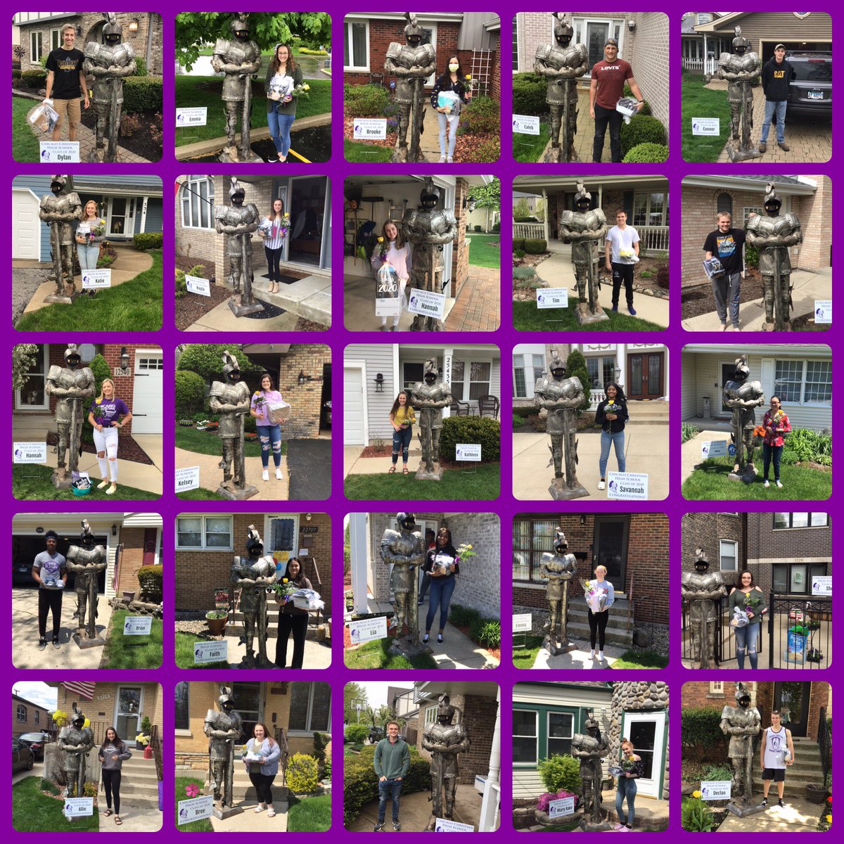PrincipalDrury's tweet photo. Last week Mr. Pittman, Mr.Zylstra, Neville the Knight and I visited all of our Seniors to give them their graduation gifts. It was great seeing all of them again! What an amazing group of kids! #classof2020 #whycchs #27differentzipcodes https://t.co/LylWygCbRf