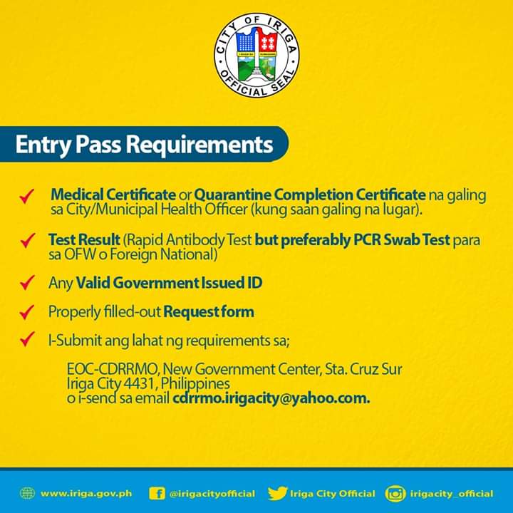 CityIriga's tweet photo. TINGNAN : Narito ang mga requirements na kailangan sa ENTRY PASS o pagpasok sa lungsod ng Iriga at EXIT PASS o lalabas sa ating lungsod. https://t.co/BGY0NU5zAL